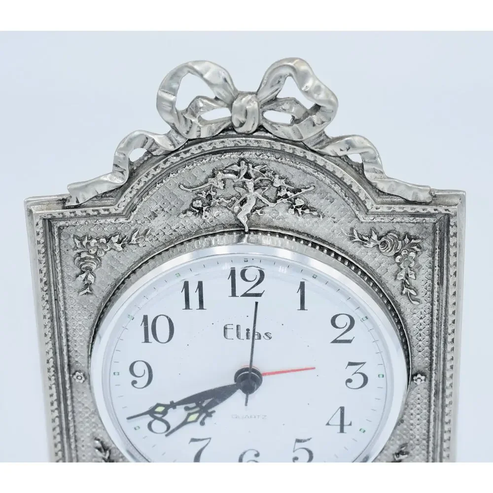Elias-1990 Pewter 925 Fine Silver Art Nouveau Ornate Alarm Clock